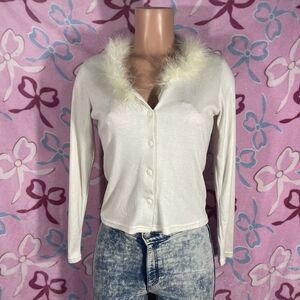 Vintage Y2k Faux Fur Trim Chic Longsleeve White Fall Cardigan Size Small